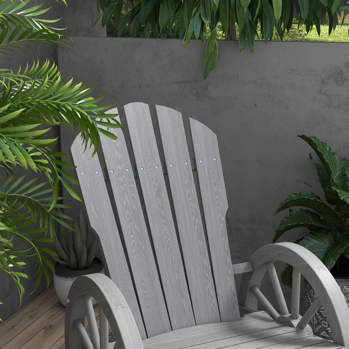 Outsunny Wooden Rocking Chair, Adirondack Rocker Chair w/Slatted Design and Oversized Back, Outdoor Rocking Chair with Wagon Wheel Armrest for Porch, Poolside, and Garden, Gray Outsunny