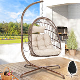 RADIATA Patio Hanging Egg Chair with Stand, Rattan Swing Chair with Cushion and Pillow, Wicker Hammock Chair for Indoor Outdoor Bedroom Living Room Garden (Brown with Cover) RADIATA