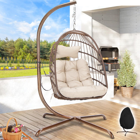 RADIATA Patio Hanging Egg Chair with Stand, Rattan Swing Chair with Cushion and Pillow, Wicker Hammock Chair for Indoor Outdoor Bedroom Living Room Garden (Brown with Cover) RADIATA