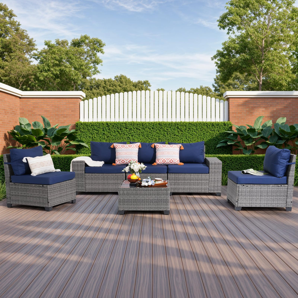 JOIVI Patio Furniture Set with Coffee Table - Flexible 6 Piece PE Wicker Rattan Outdoor Sofa Configuration, Enhanced Comfort with Additional Cushion Covers, Ideal for Family Game Nights, Blue JOIVI