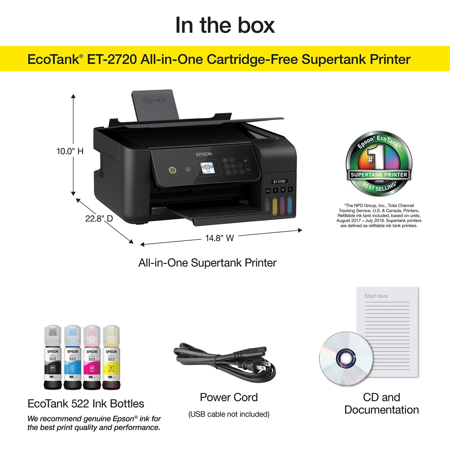 Epson EcoTank ET-2720 Wireless Color All-in-One Supertank Printer with Scanner and Copier - Black