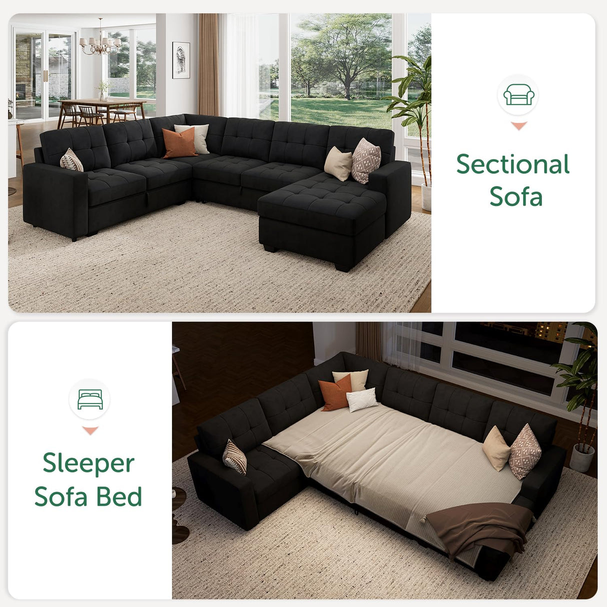 HONBAY Sectional Sleeper Sofa with Pull Out Bed, Sleeper Sectional Couch for Living Room, Sleeper Sofa Bed with Storage Chaise, Velvet Black HONBAY