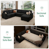 HONBAY Sectional Sleeper Sofa with Pull Out Bed, Sleeper Sectional Couch for Living Room, Sleeper Sofa Bed with Storage Chaise, Velvet Black HONBAY