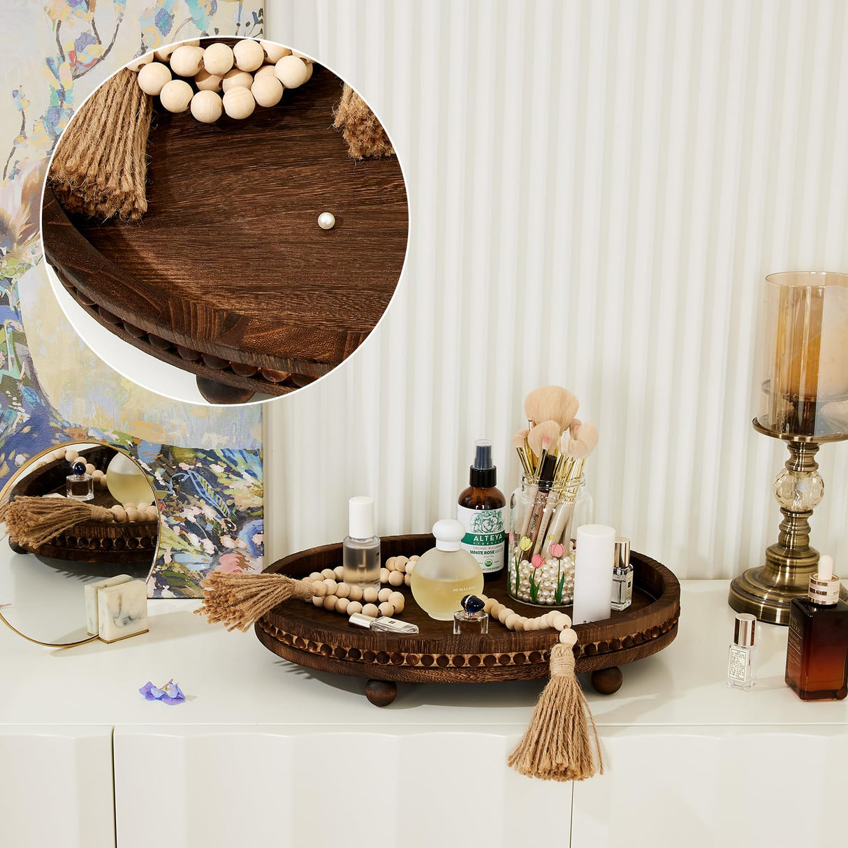 HouseJoy Wooden Decorative Tray-16×11.8" Oval Distressed Coffee Table Tray Decor ，Kitchen Dining Table Serving Tray Home Decor Thanksgiving Table Decor,Wood Beaded Farmhouse Tray for Bathroom Decor HouseJoy
