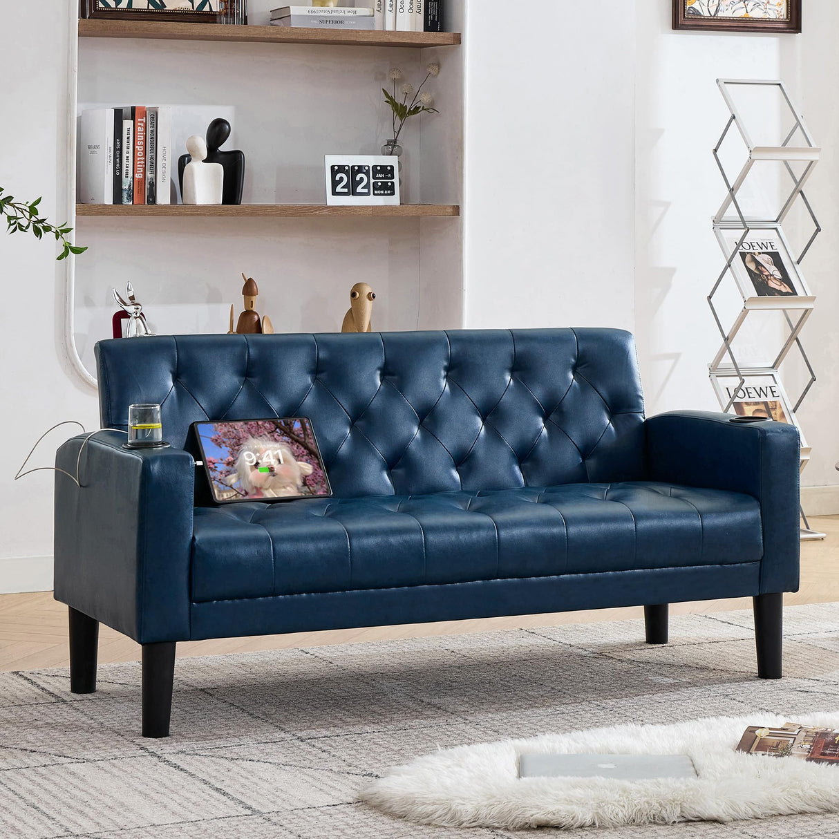 TYBOATLE 62" W Leather Loveseat w/ 2 USB and 2 Cupholders, Mid-Century Modern Tufted Small Love Seat Couches for Office, Living Room, Bedroom, Dorm (1, Blue) TYBOATLE