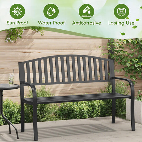 GUINGFUN 50" Outdoor Bench, Heavy-Duty Metal Frame Graden Bench, Weatherproof Patio Park Bench for Front Porch, Park, Yard, Patio GUINGFUN