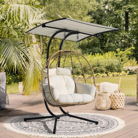 Double Egg Chair wth Stand Hammock Swing Chair Foldable Hanging Loveseat, Outdoor Hammock Egg Chair for Patio, Bedroom, Garden and Balcony (Milky White) VIXLON
