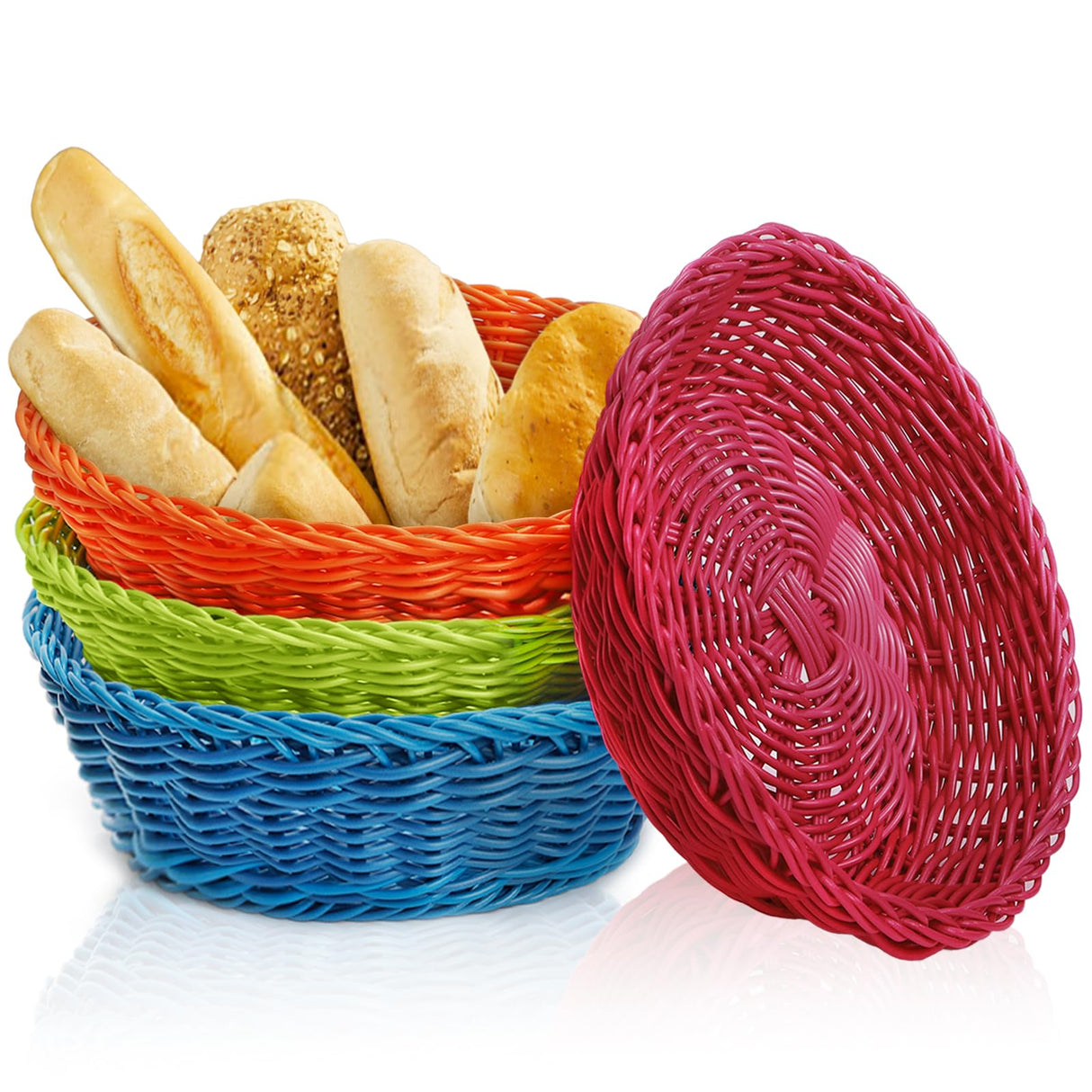 AVLA 4 Pack Woven Breads Baskets, Imitation Rattan Fruit Storage Bowls, Stackable Handwoven Serving Basket, Poly-Wicker Round Basket Set for Organizing, Decorative Gift Basket for Countertop, Pantry AVLA