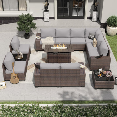 Aoxun 13 Pieces Patio Furniture Set with 44” Fire Pit Table Wicker Rattan Outdoor Sectional Conversation Set with Coffee Table and 4” Thickened Cushions, Gray(Waterproof Cover Included)