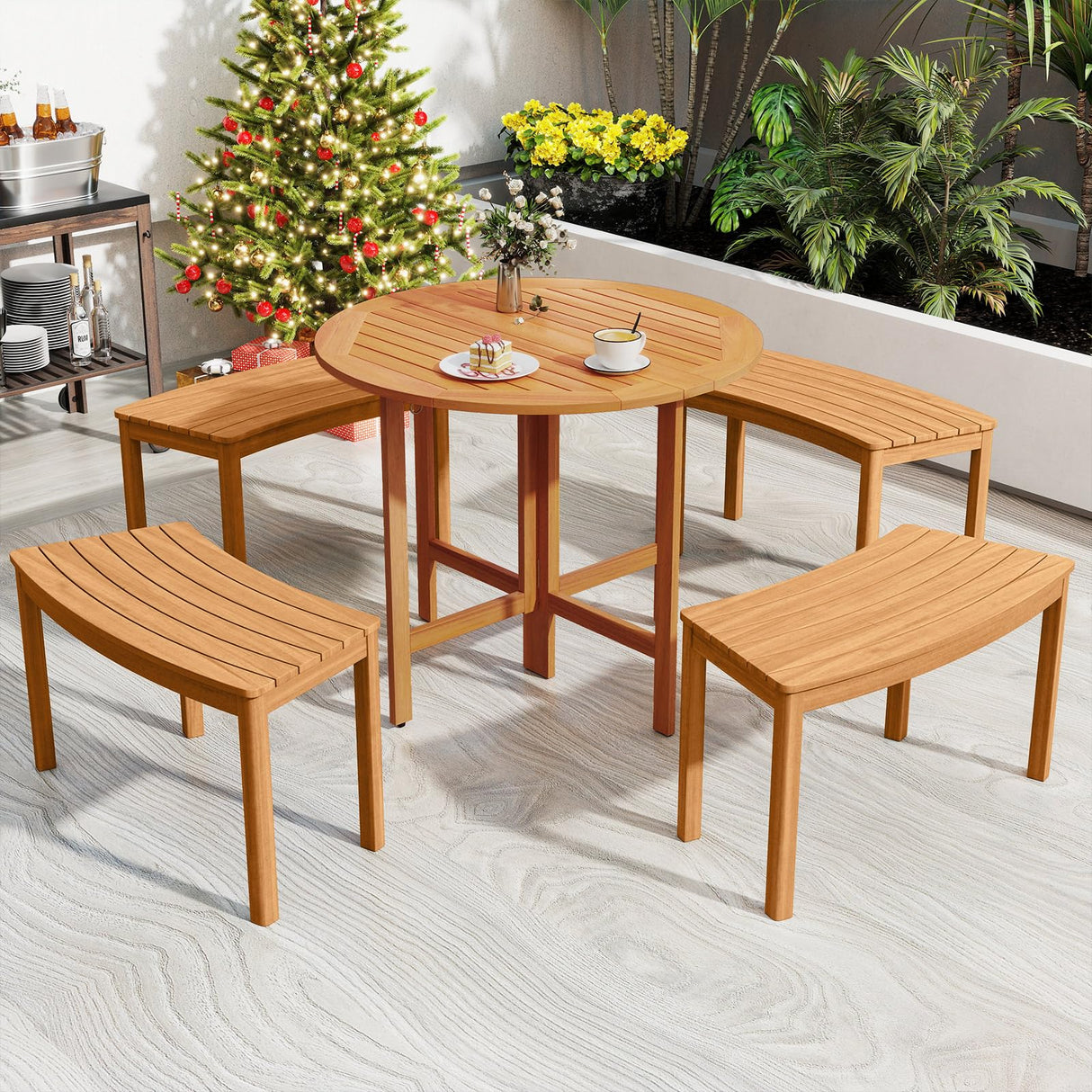 HAPPYGRILL Acacia Wood Outdoor Curved Bench, Fire Pit Bench with Slatted Seats, Tree Benches Wrap Around for Patio Garden Backyard, 400 lbs (3) HAPPYGRILL