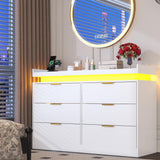 6 Drawer Dresser for Bedroom, White Dresser with LED Lights and Power Outlet, Modern Chest of Drawers for Closet, Double Wide Drawer Organizer Cabinet for Bedroom, Living Room, Entryway, Hallway knoworld