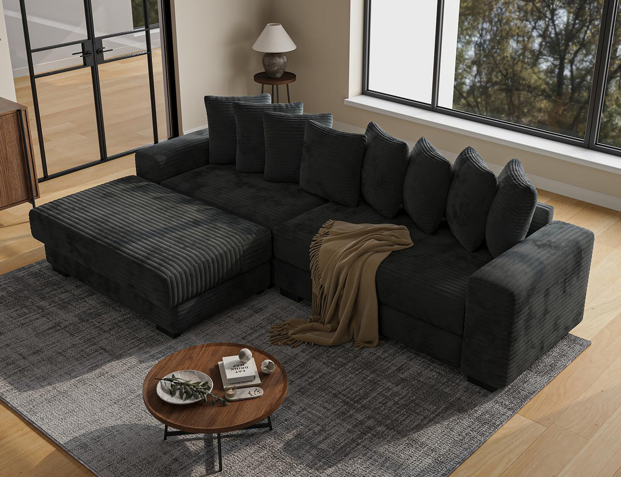 ohllob 110" Modular Sectional Sofa, L Shaped Couch with Chaise Lounge, Fluffy Corduroy Cloud Couch with Deep Seat for Living Room (Black) ohllob