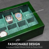 SYENS Watch Box for Men 10 Watches Storage Organizer Case, Smart Watch Display, Green Wood with Soft Suede Interior, Large Glass Window, Gift for Women and Man (10W-GR) SYENS