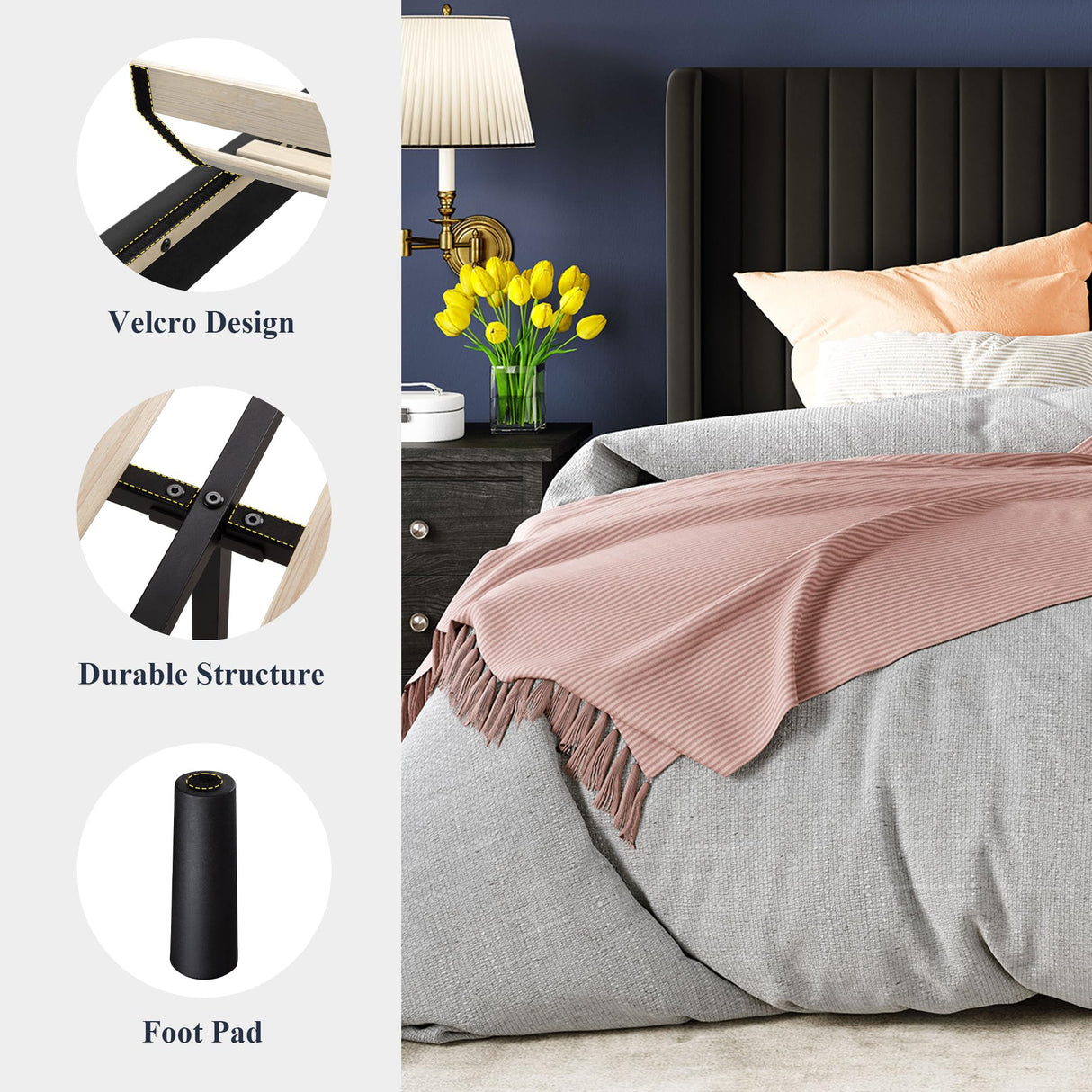 Allewie King Size Velvet Bed Frame/Vertical Channel Tufted Wingback Headboard/Upholstered Platform Bed/Strong Wooden Slats/No Box Spring Needed/Easy Assembly/Black Allewie