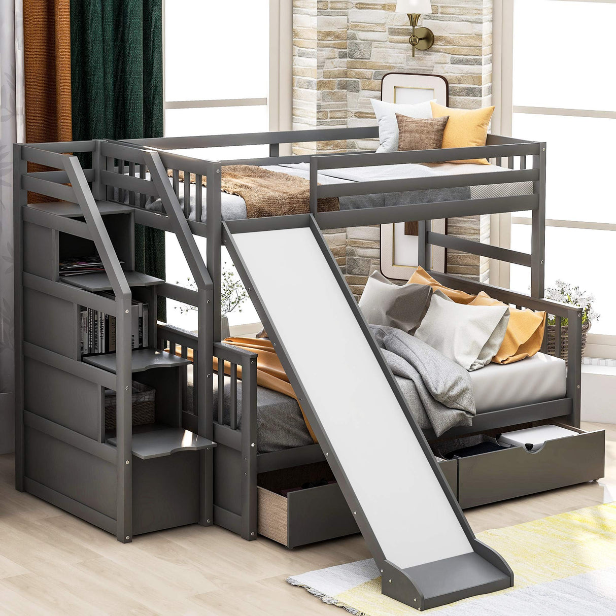 Harper & Bright Designs Twin Over Full Bunk Bed with Stairs and Slide, Multifunction Wood Bunk Bed with Storage Drawers, Gray Harper & Bright Designs