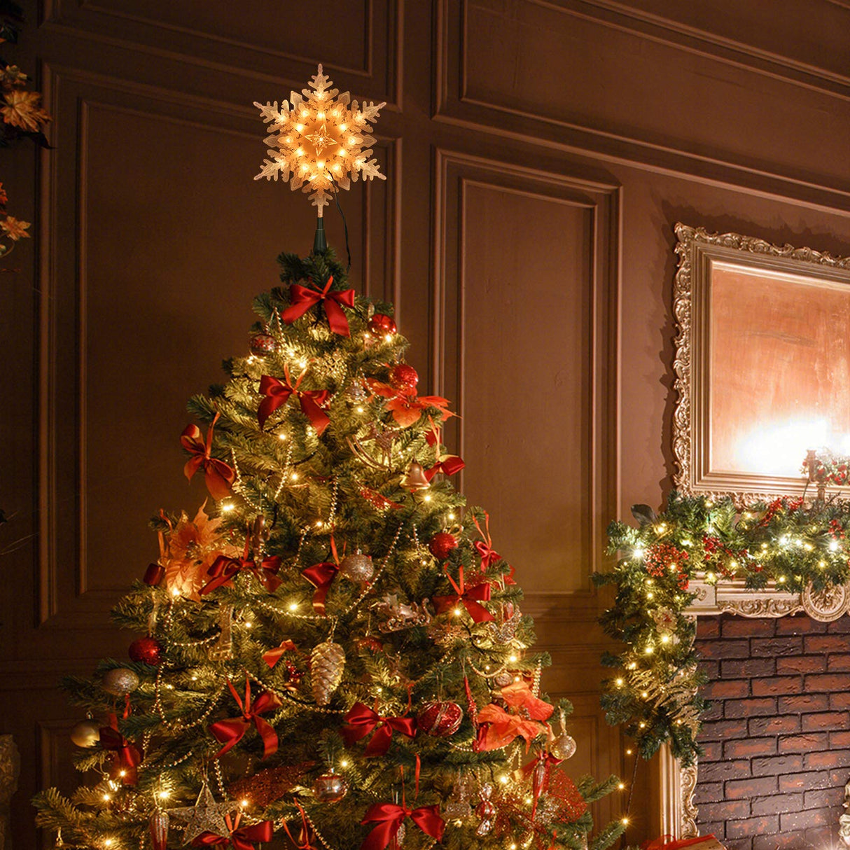 ODEETRONIC Snowflake Tree Topper Lights, 9in 20 Clear Christmas Star Treetop, 120V UL Certified Christmas Lighted Sonwflake Tree Topper, Warm Tree Topper for Xmas Tree Party Decoration ODEETRONIC