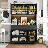 FINETONES 71" Tall Pantry Cabinet with Power Outlets and Led Lights, Large Kitchen Hutch Storage with Microwave Stand, Black Pantry Kitchen Cabinet with Cupboard FINETONES