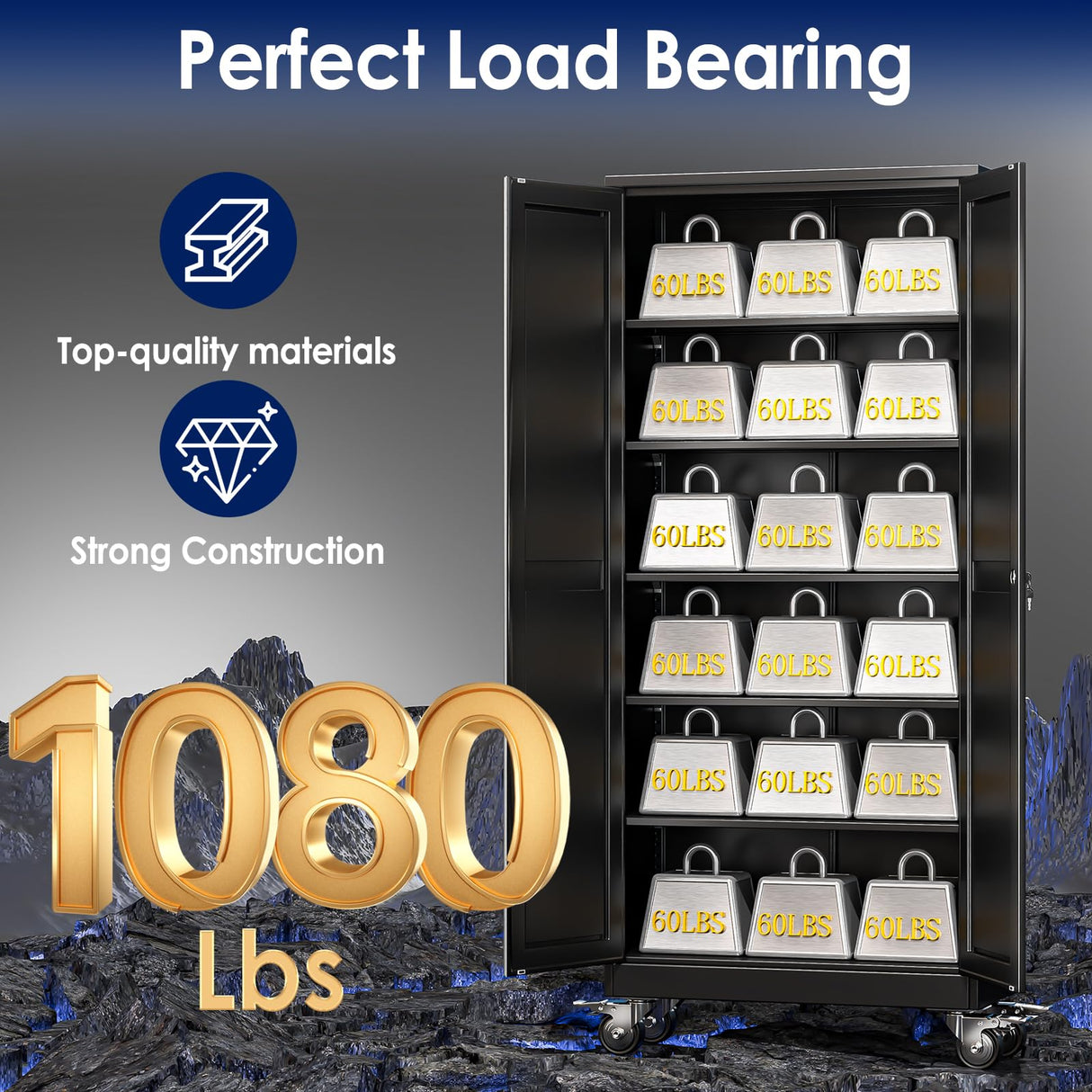 erosoei 75" H Metal Garage Storage Cabinet, Rolling Tool Cabinet with 2 Doors and Wheels, Locker Steel Cabinet with 5 Adjustable Shelves, Organization Cabinet for Garage,Office,Home,Gym,School（Black） erosoei