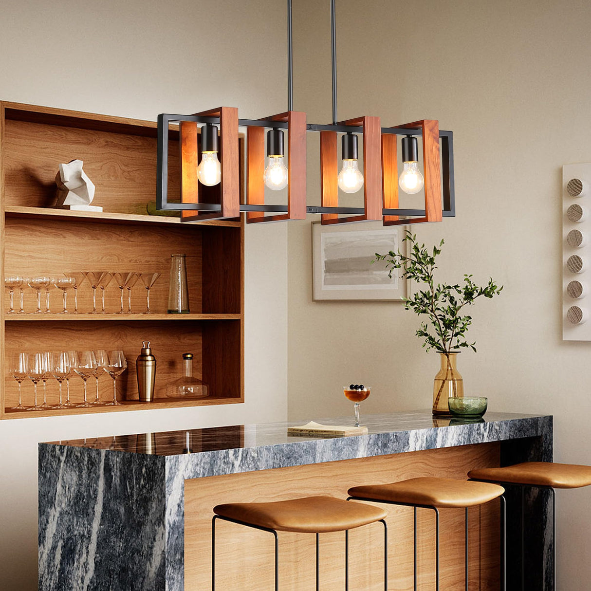 HUMHOLD 4-Light Kitchen Island Lights Pendant Light Farmhouse Dining Room Light Fixture, Rustic Wood and Black Metal Rectangular Chandelier, 32" Hanging Lighting for Living Room, Bar HUMHOLD