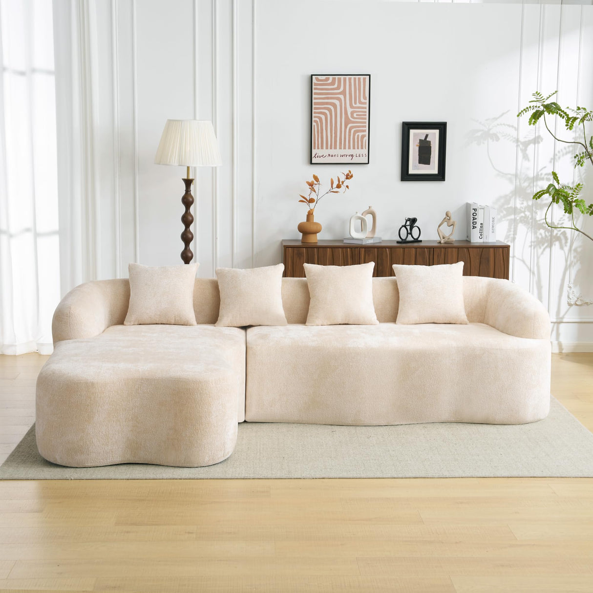 KEIKI 104.7" Cloud Sofa, L-Shape Sectional Sofa with Curved Chaise, Futon Sofa Couch Folding Mattress for Living Room, Guest, Bedroom,No Assembly Required, Beige KEIKI
