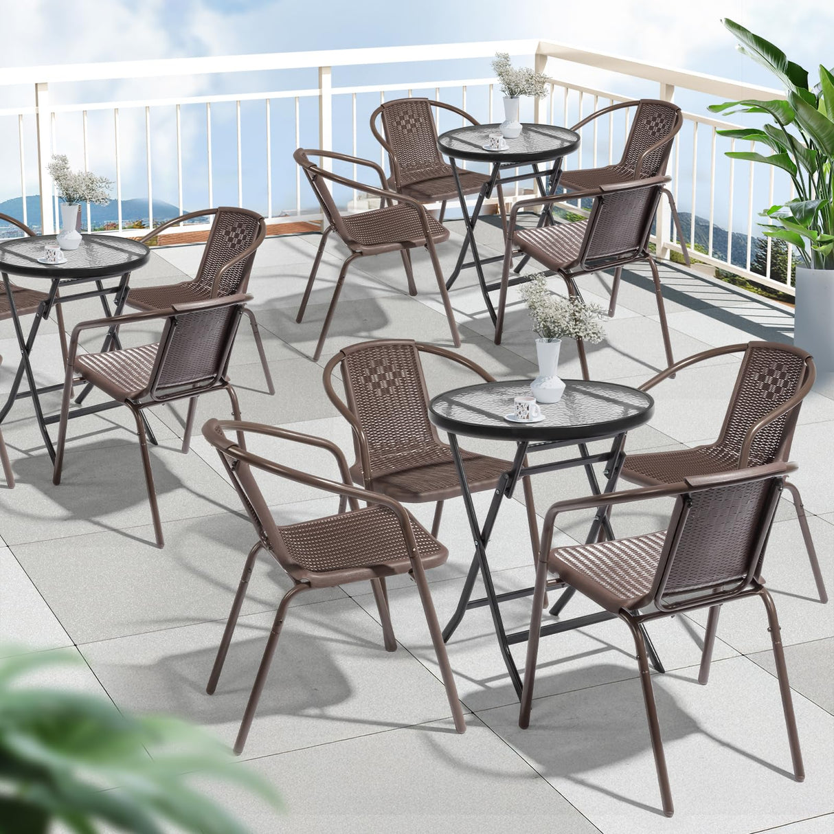 VINGLI Stackable Outdoor Chair Set of 4, Rattan Plastic Chair, Woven Rattan Cushion, Suitable for Backyard, Patio, Brown VINGLI