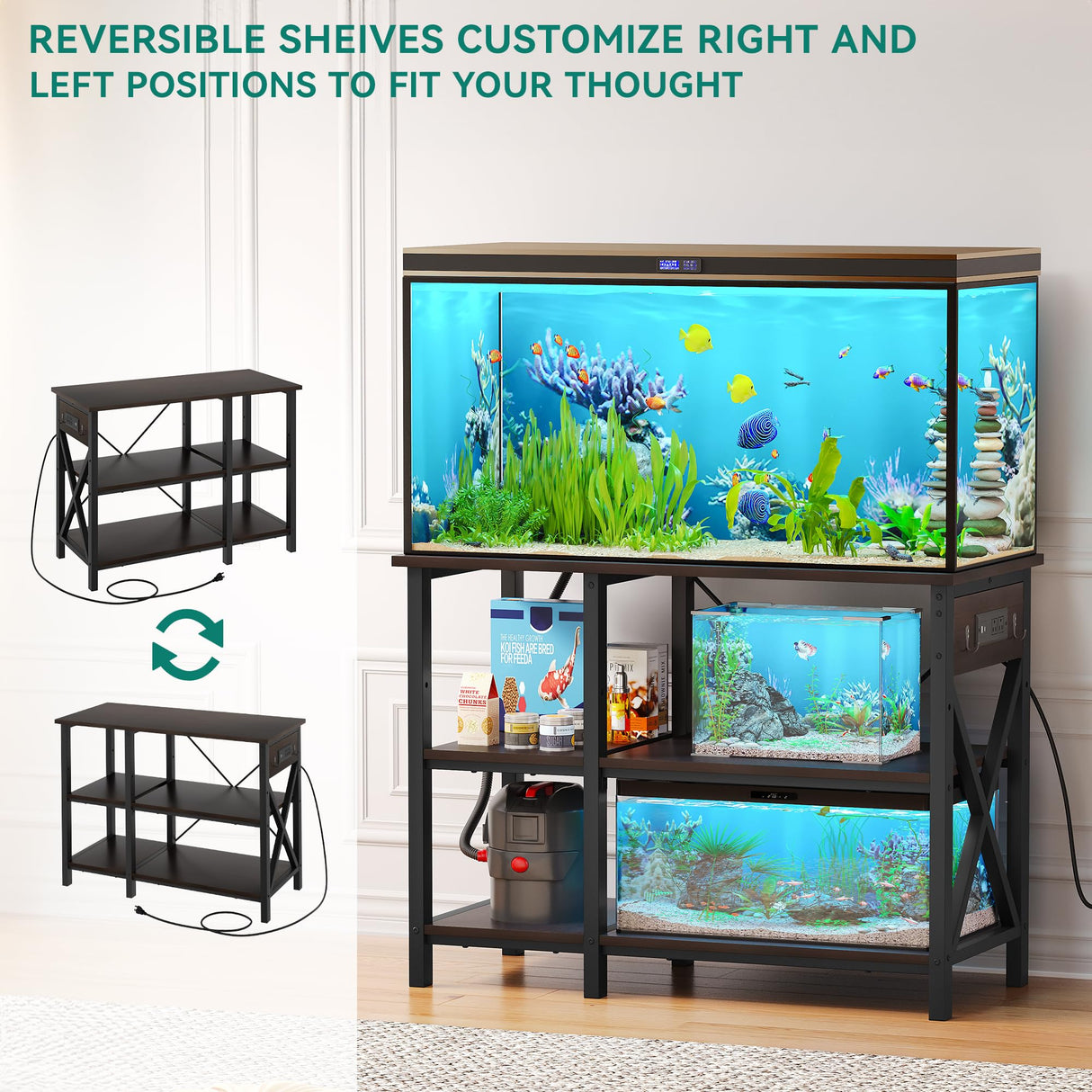 YITAHOME 40-50 Gallon Fish Tank Stand with Power Outlet, 40x18 Inch Metal Aquarium Stand with 3-Tier Adjustable Storage Shelves and Hooks, 700LBS Capacity, Black YITAHOME