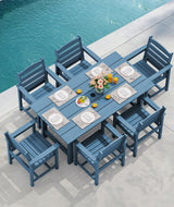 SERWALL 7-Piece Patio Dining Table Sets, Outdoor HDPE Dining Furniture Set with Umbrella Hole Cut-Out Table and 6 Chairs, Blue SERWALL