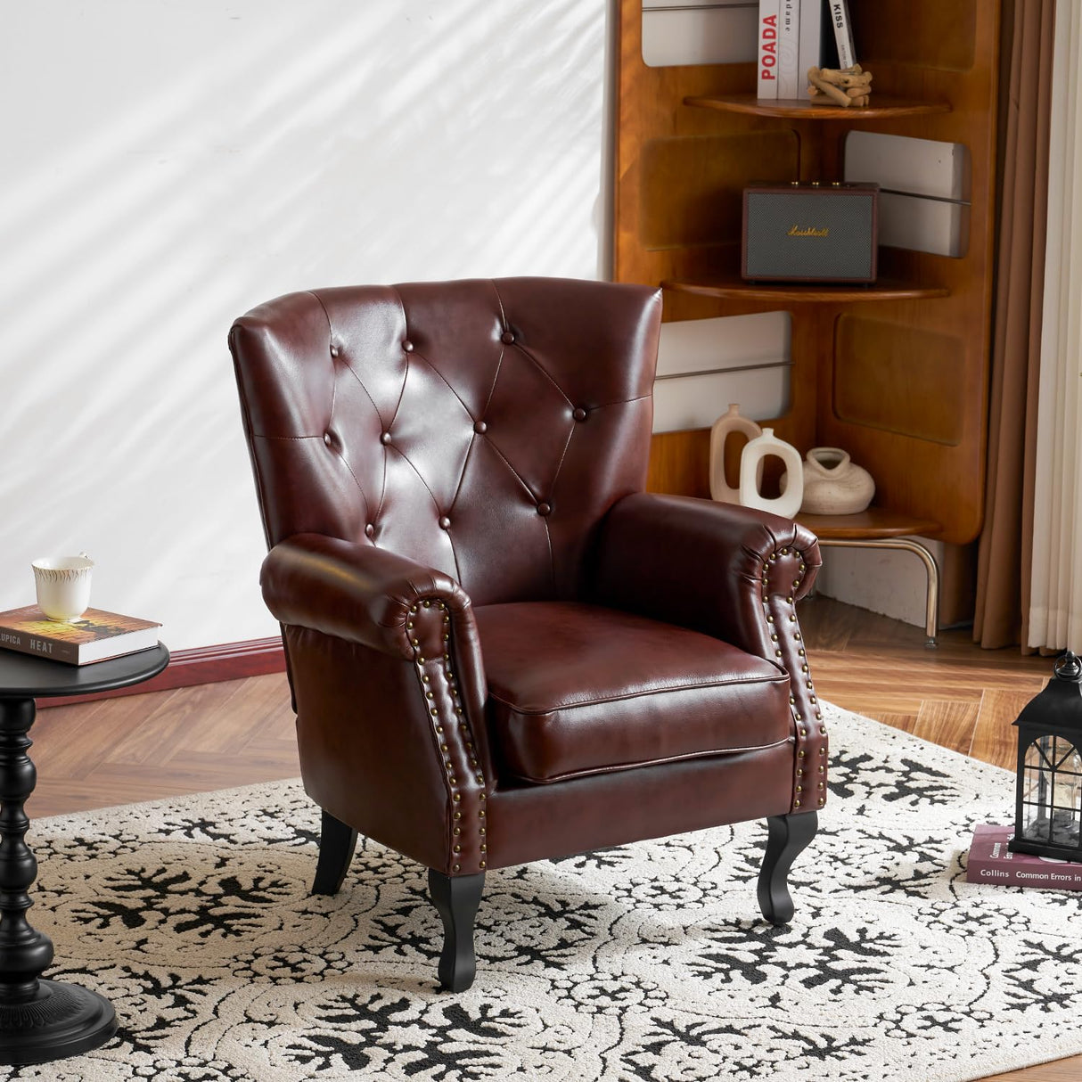 MOJAY PU Leather Accent Chair Set of 2, Mid-Century Modern Armchair Living Room Club Chair with Tufted Button & Rivet Trim, Upholstered Sofa Chair with Sturdy Wood Legs for Bedroom (Reddish Brown) MOJAY