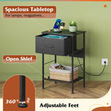 WLIVE Night Stand with Charger Station, Small Nightstand with 1 Fabric Drawer and Open Wood Shelf, 25" H Bedside Table for Bedroom, 2-Tier Storage Side Table for Dorm, Entryway, Black WLIVE