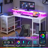 Seventable Gaming Desk with Drawers, 47.2 Inch L Shaped Desk with Storage Shelves, Small Office Desk with LED Lights & Power Outlets, White Corner Computer Desk with Monitor Stand for Bedroom Seventable