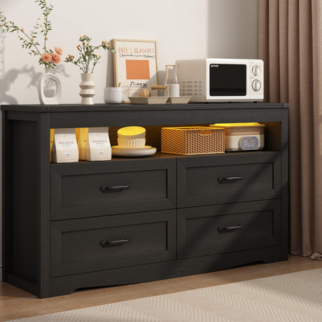Wodeer 4 Drawer Dresser Chests with LED Light,Wide Chest of Drawers with Metal Handles,Wood Dresser for Storage and Organization for Bedroom,Living Room, Nursery,Hallway,Black Wodeer