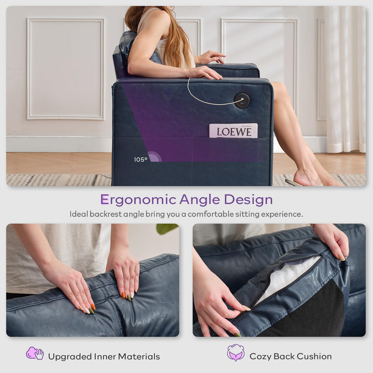 TYBOATLE 88" W Faux Leather Couch w/Side Pockets, Mid-Century Modern Tufted Comfy Leather Couches w/USB and Wider Arms, 3 Seater Sofa for Office, Apartment, Bedroom, Blue (Blue, 3 Seater) TYBOATLE