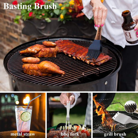 ROMANTICIST 25pcs Extra Thick Stainless Steel Grill Tool Set for Men, Heavy Duty Grilling Accessories Kit for Backyard, BBQ Utensils Gift Set with Spatula,Tongs in Aluminum Case for Birthday Brown ROMANTICIST