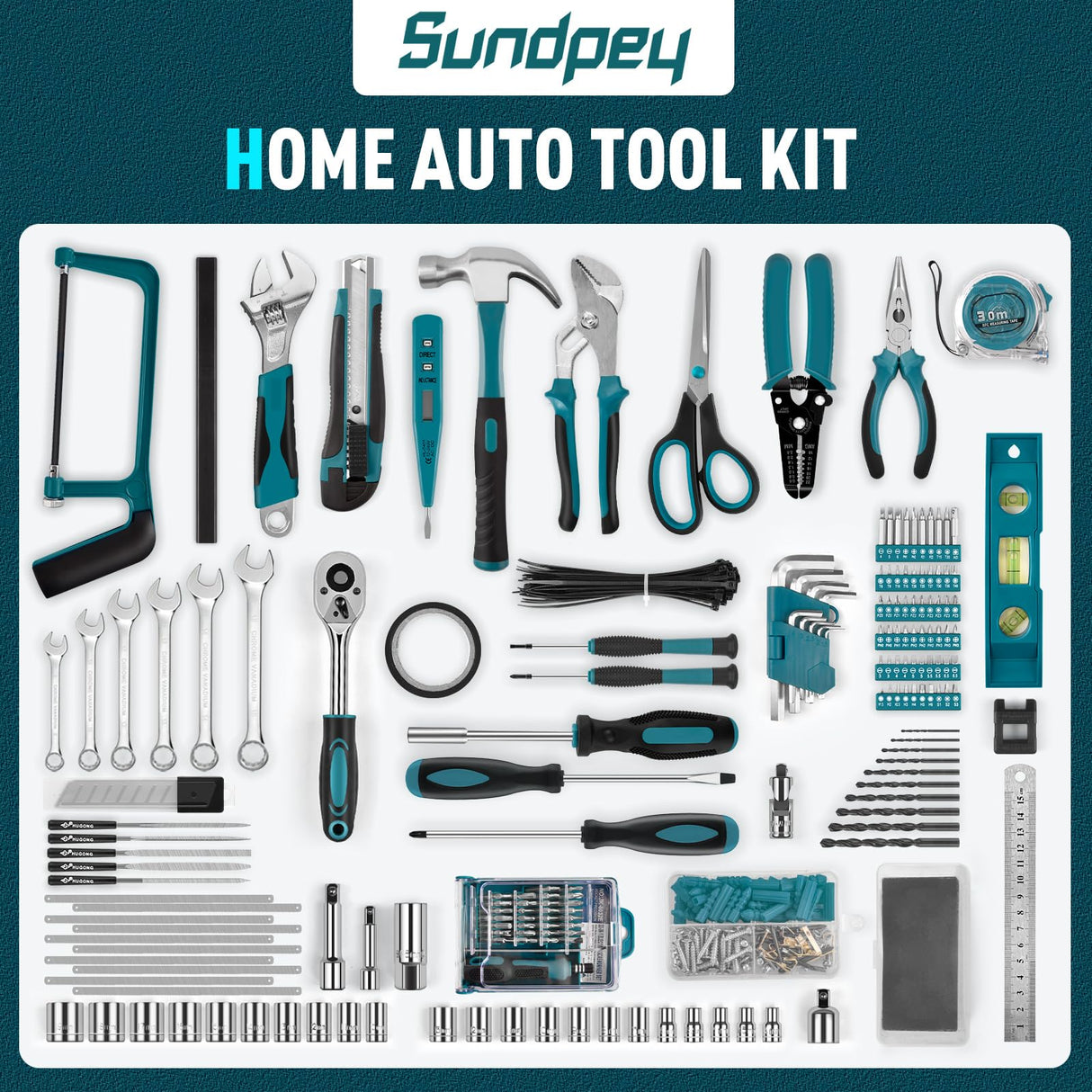 Sundpey 379-PCs Home Tool Kit - Portable Complete Household and Auto Repair Tool Set - Hand General Basic Tool Box Storage Case with Drawer - Full Basic Toolkit for Handyman & Diyer & Homeowner Sundpey