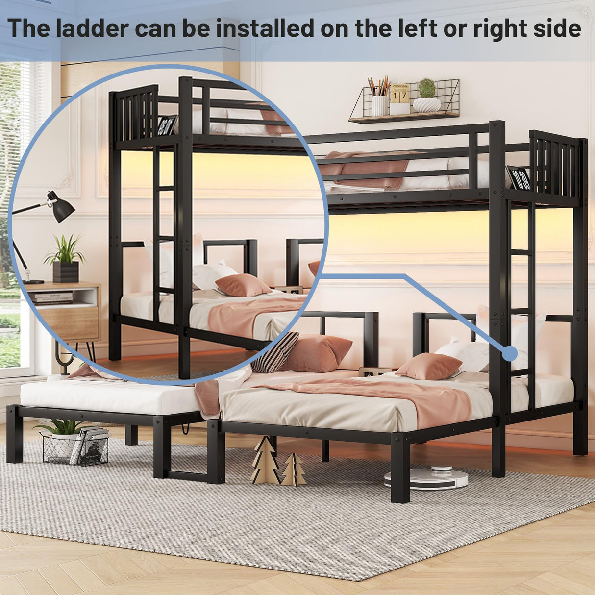 Triple Bunk Bed with LED Light,Metal Heavy Duty 3 Bunk Beds for Kids with Charge Station & Storage Shelf, Convertible Three Bunk Beds for Girls Boys Teens,Can be Separated into 3 Beds, Black Mirightone