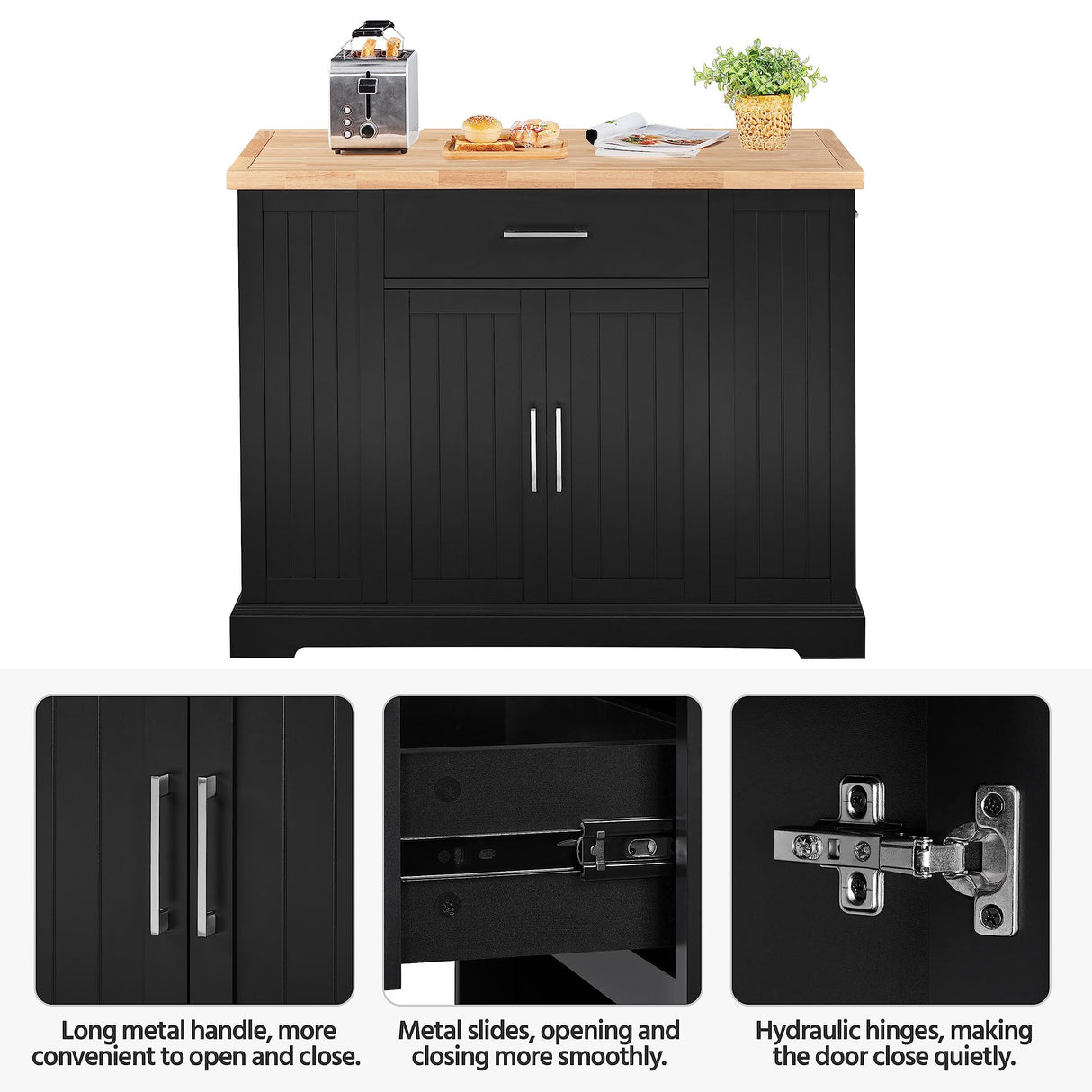 Yaheetech Kitchen Island on Hidden Wheels, Rolling Kitchen Cart with Thicker Rubberwood Top & 3 Drawers & Open Shelves, Storage Cabinet with Yaheetech