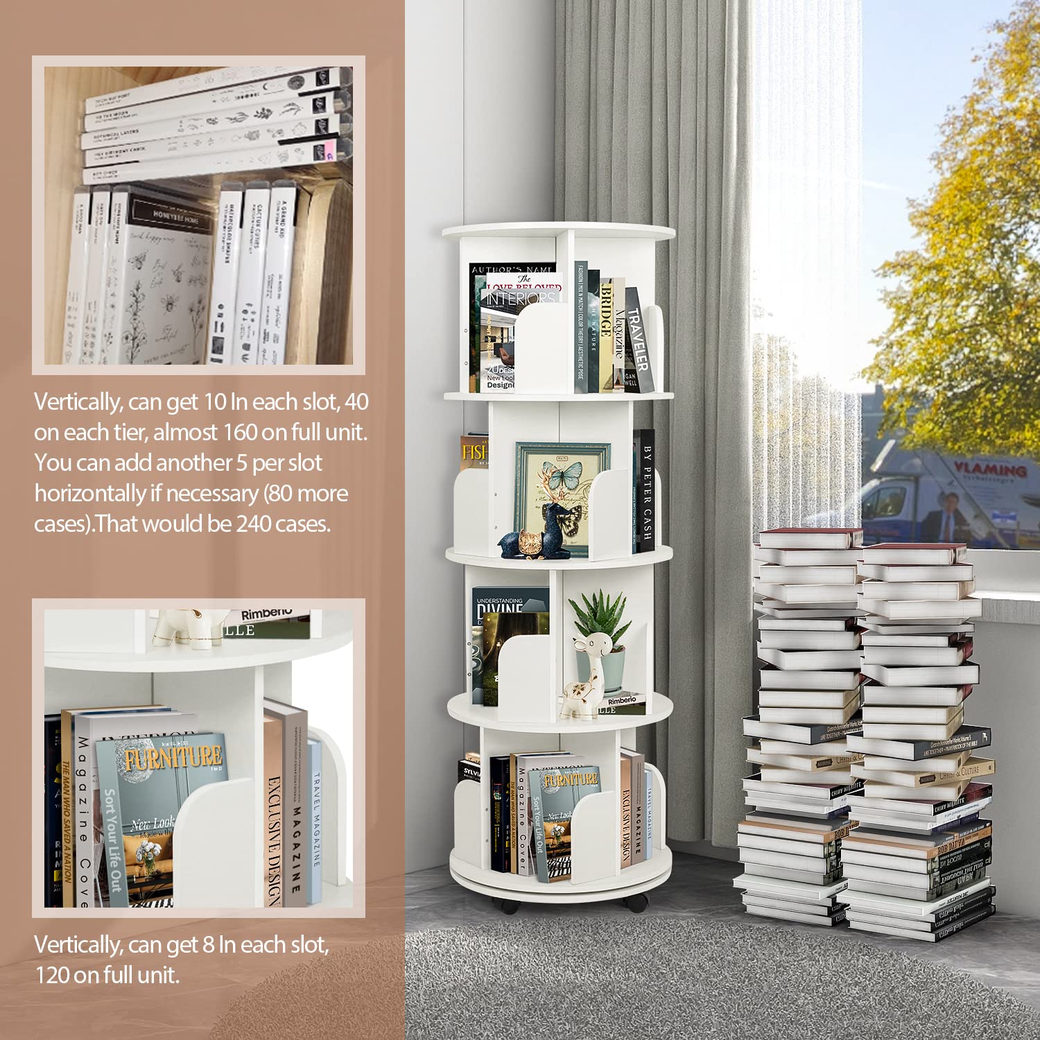 ybaymy 4-Tier 360° Revolving Bookshelf with Wheels - Modern White Floor Display Bookcase - WoodArtSupply