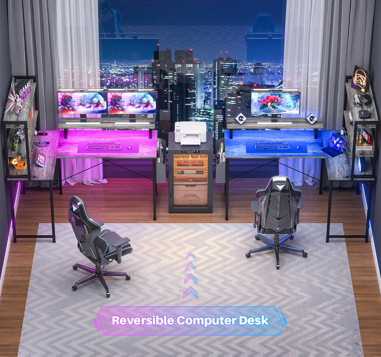 Homieasy 47 Inch L Shaped Computer Desk with Bookshelf & LED Light, Reversible Corner Gaming Station in Black Oak Homieasy