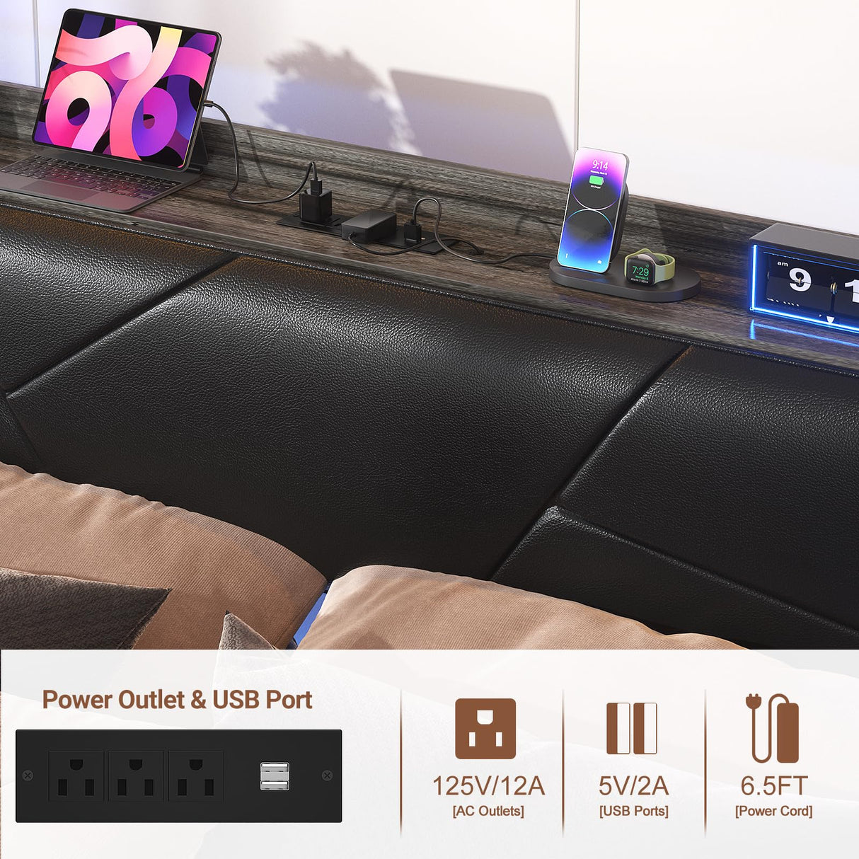 Unikito King Size Bed Frame with LED Lights, Power Outlets, and Upholstered Headboard in Black Oak Unikito