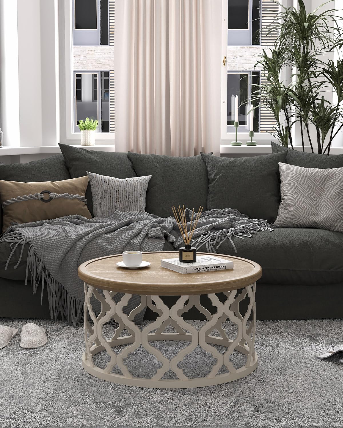 VONLUCE Farmhouse Coffee Table,30'' Round French Country Coffee Table,Distressed Wood Tray Top Vintage Coffee Table with Storage Shelf for Living Room Dining Room Bedroom,Small Space,Beige VONLUCE