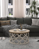 VONLUCE Farmhouse Coffee Table,30'' Round French Country Coffee Table,Distressed Wood Tray Top Vintage Coffee Table with Storage Shelf for Living Room Dining Room Bedroom,Small Space,Beige VONLUCE