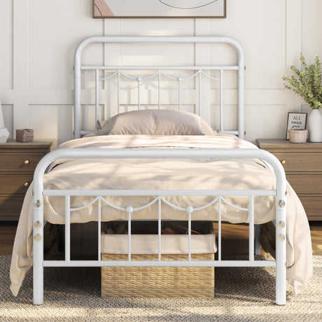 Yaheetech Twin Size Metal Bed Frames with Vintage Headboard and Footboard, Farmhouse Metal Platform Bed, Heavy Duty Steel Slat Support, Ample Under-Bed Storage, No Box Spring Needed, White Yaheetech