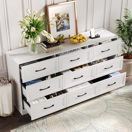 Fameill Dresser for Bedroom, 9 Drawer Wide Dresser Organizer with Charging Station, Tall Dresser for Hallway, Wood Dresser with Metal Handles, Woodgrain White Fameill