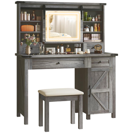 HOMCOM Farmhouse Vanity Desk with Mirror, LED Lights Makeup Vanity Table with 42 Inch Glass Tabletop, Cushioned Stool, Drawers & Shelves & Cabinet, Rustic Dressing Table Set for Bedroom, Gray HOMCOM