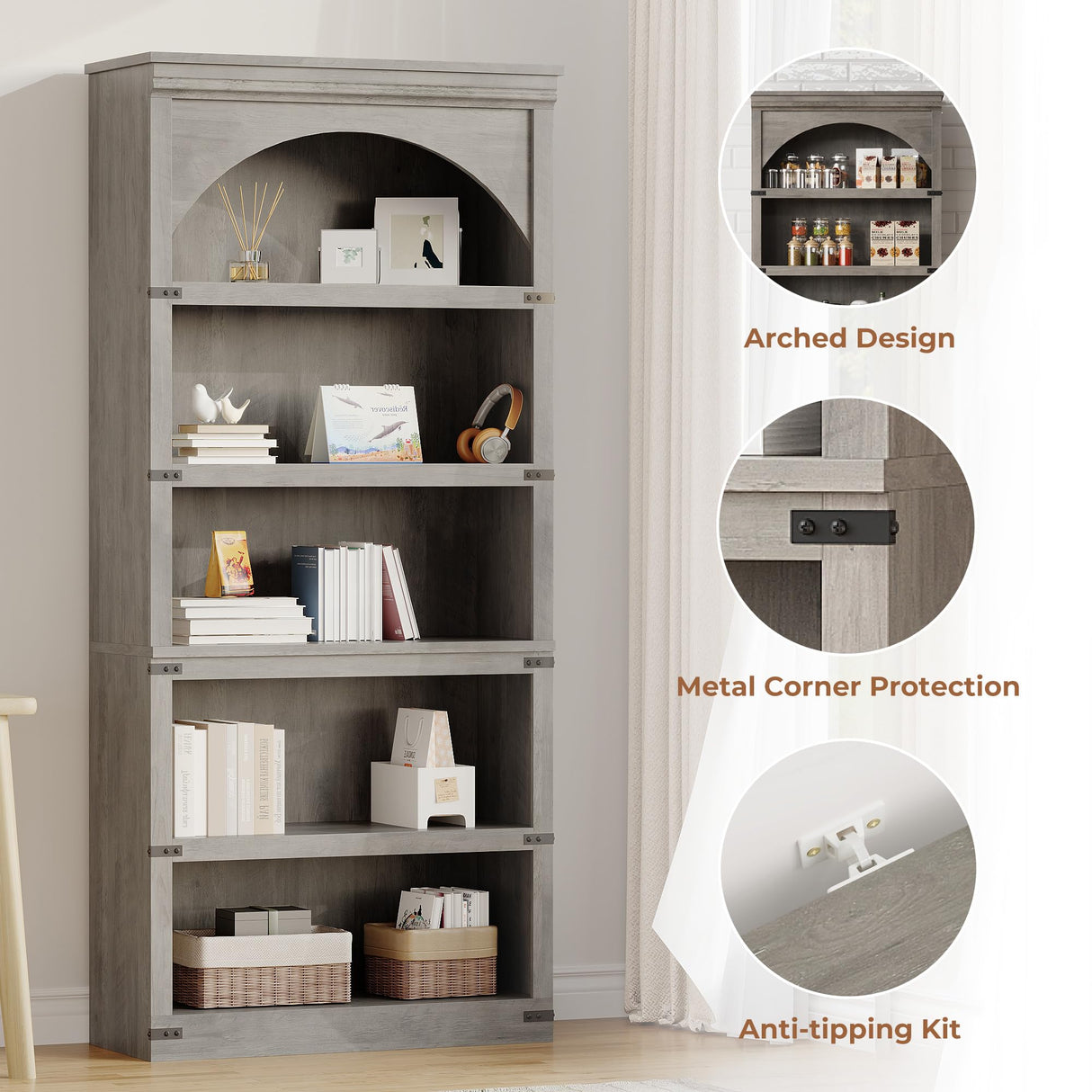 GarveeHome Arched Bookcase 5 Shelf Bookshelf 68.7 in Tall Bookcase Farmhouse Curved Storage Rack Wooden Bookshelves for Home Office, Living Room,Grey GarveeHome