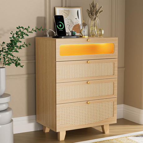 HPWLYO Rattan Dresser for Bedroom with LED Light, 4 Drawer Tall Rattan Dressers with Charging Station, Dressers Chests of Drawers,Bedroom Closet Dresser for Bedroom, Hallway,Entryway HPWLYO