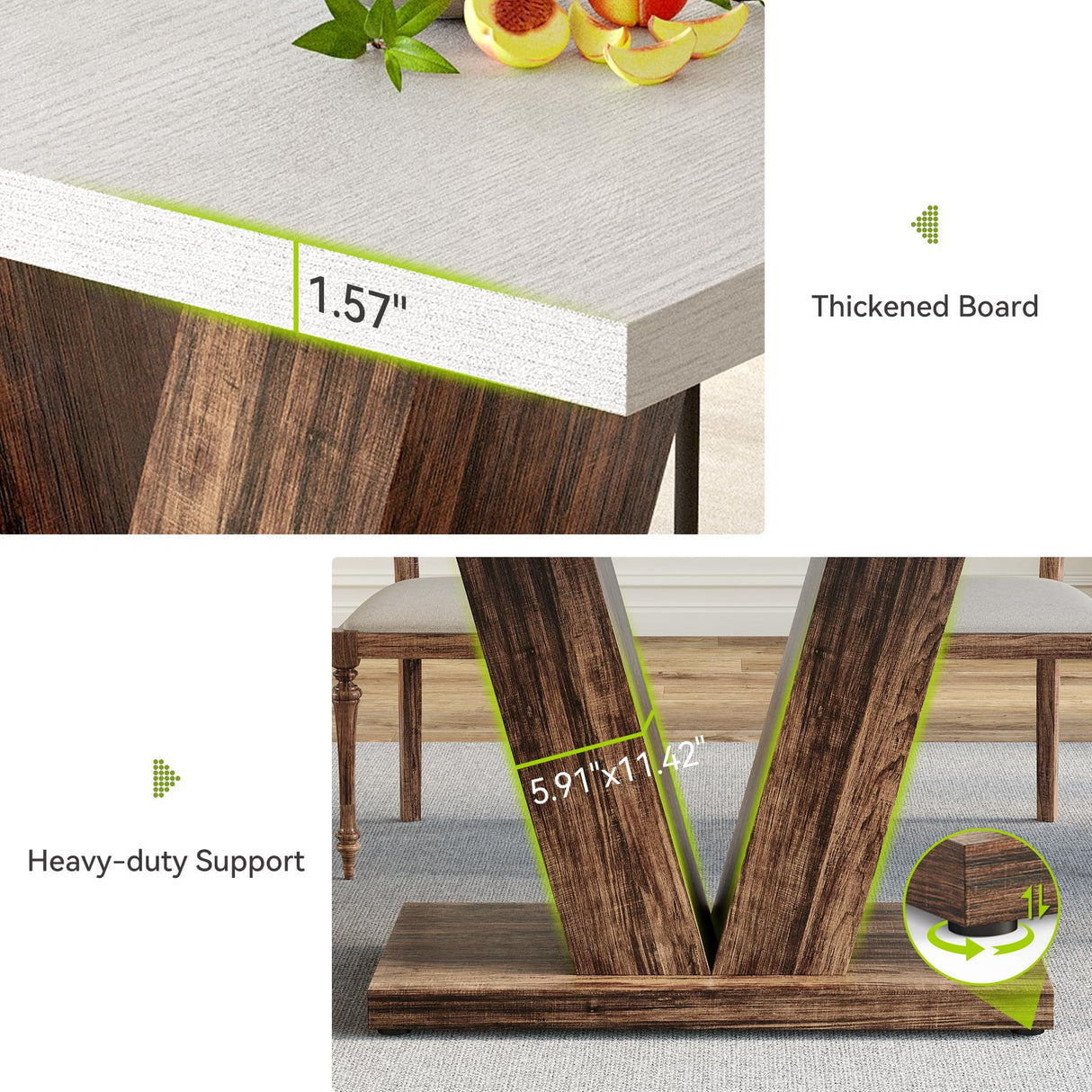 LITTLE TREE 47 Inches Dining Table for 4, Modern Dining Room Tables, White Rectangle Kitchen Table with Rustic Brown V-Shaped Pedestal, Wooden Dinner Table for Dining Room, Kitchen, Living Room LITTLE TREE