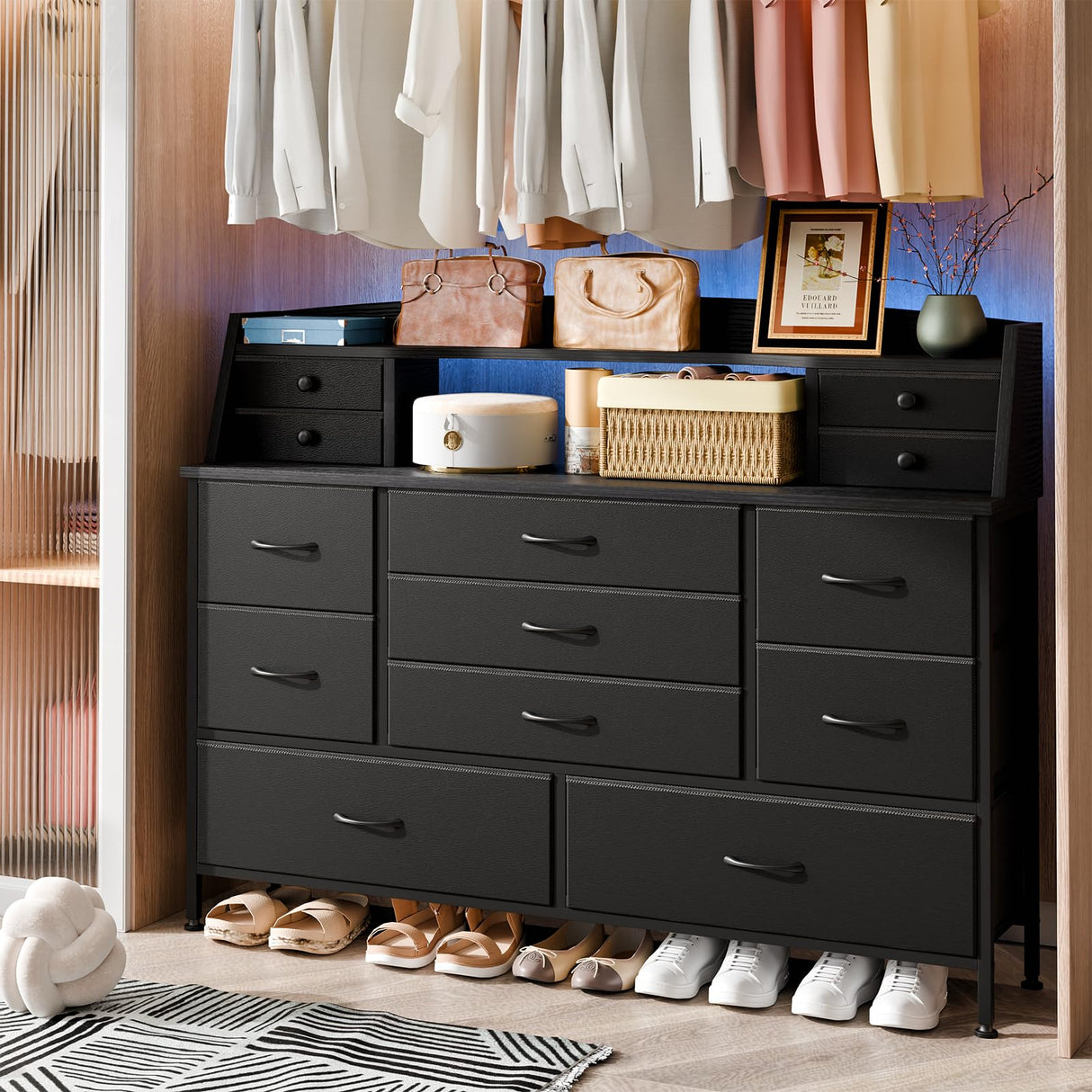 Fixwal Black Nursery Dresser for Bedroom with 13 Drawers, Fabric Chest of Drawers with PU Finish for Kids, Boys, Adults, Nursery, Living Room, Closet, Entryway, Hallway (No LED Lights) Fixwal