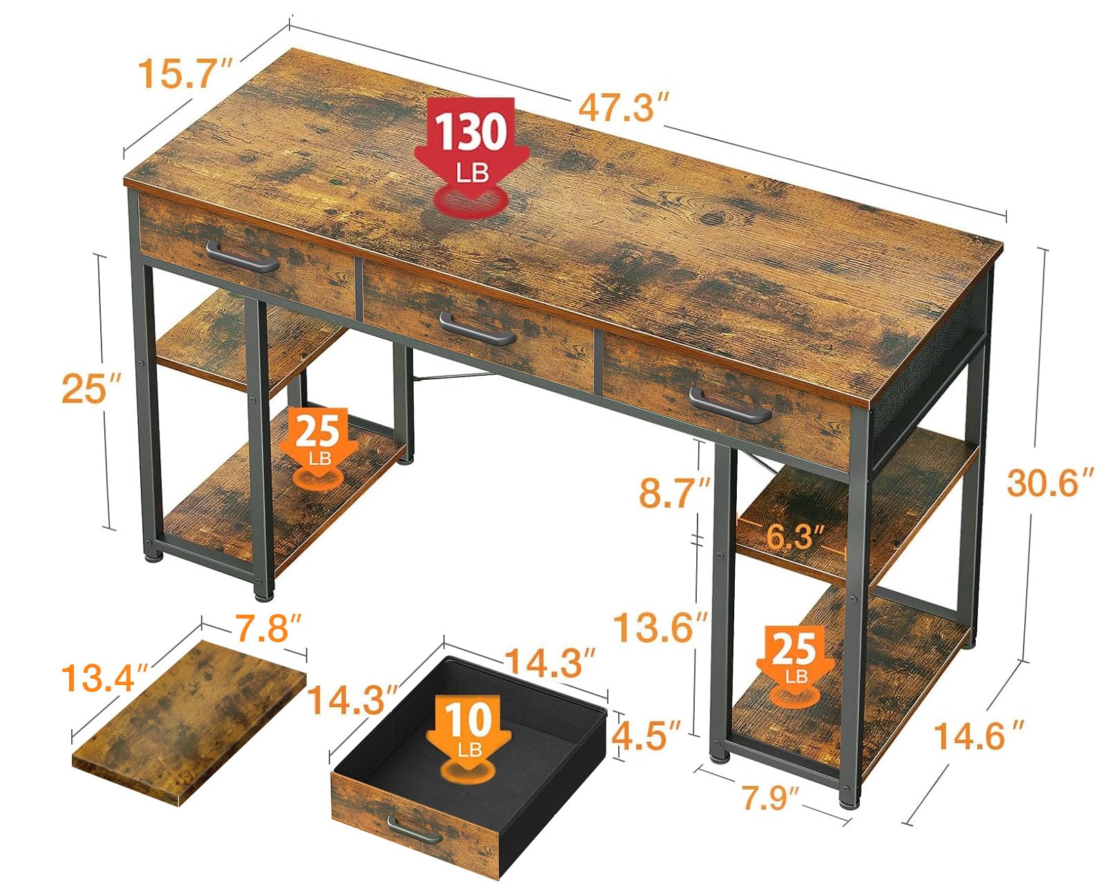 ODK Vintage Small Computer Desk with Fabric Drawers and Storage Shelves - Modern Writing Table, 48"x16" - WoodArtSupply