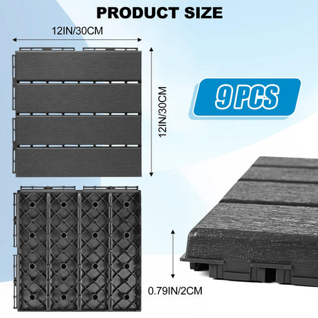 ToLanbbt Plastic Interlocking Deck Tiles 9 Pack 12"x12" Waterproof Indoor Outdoor Composite Patio Flooring Decking Tiles All Weather Use for Patio Porch Balcony Backyard Poolside, Dark Grey ToLanbbt